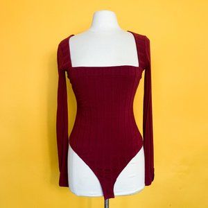 Long Sleeve Square Neck Maroon Body Suit